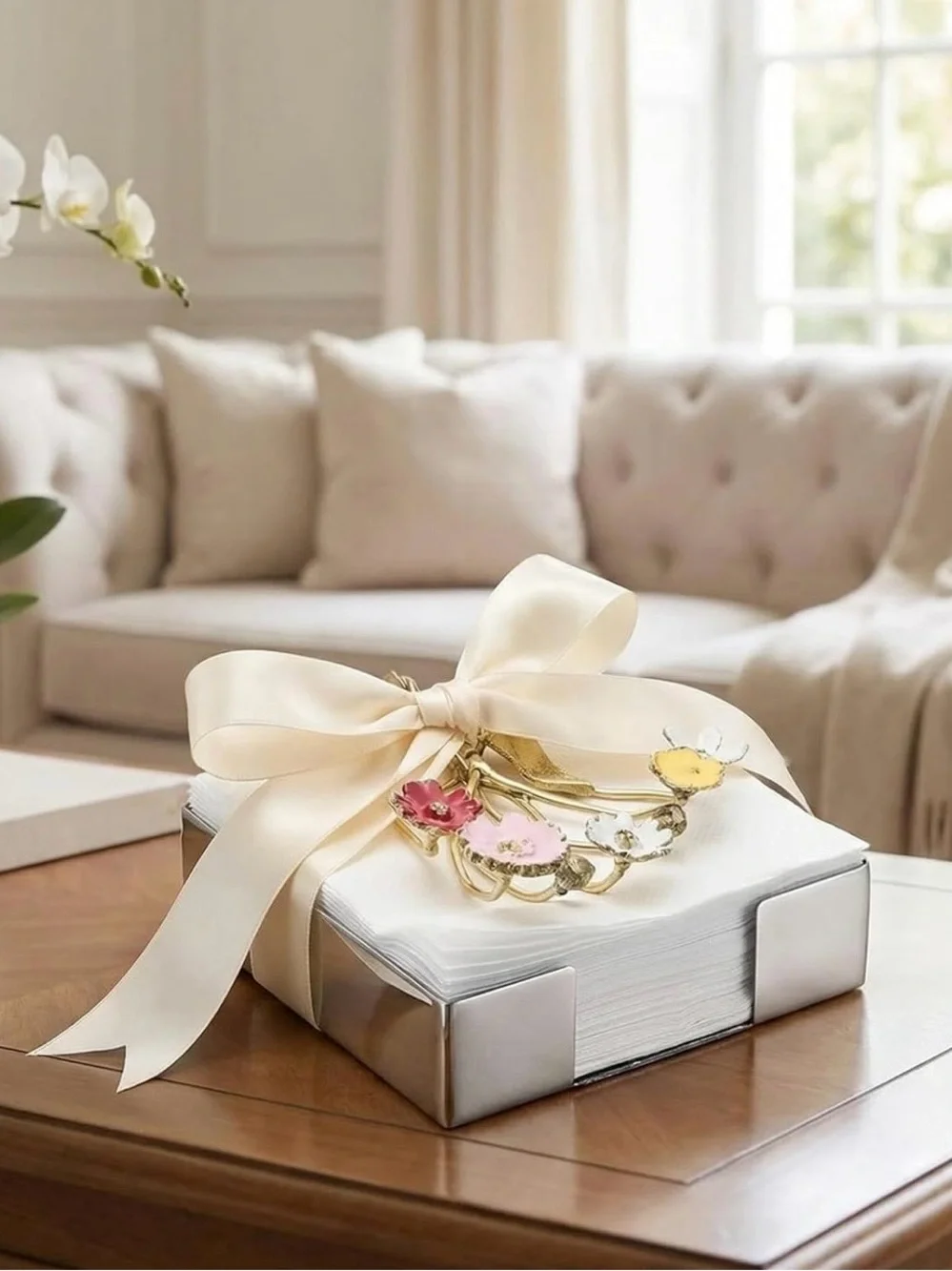 Gold Floral Enamel Napkin Ring with Red, Pink, White, Yellow Flowers